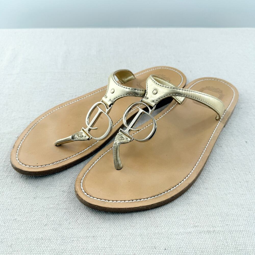 Dior CD Logo Leather Slip On Flat Thong Sandals Metallic Gold Women's Size EU 40